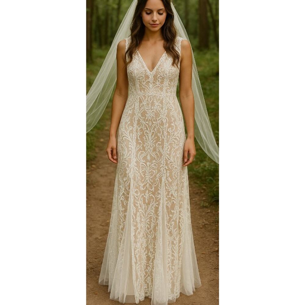 Ivory Lace Maxi Wedding Dress with V-Neck
